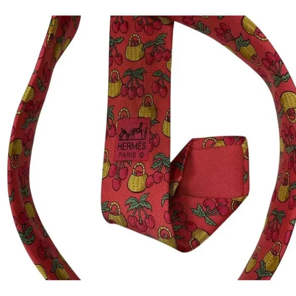 HERMÈS Men's 100% Silk Necktie LUXURY Tie 7430 HA Coral Cherry Backet W:3.5" EUC